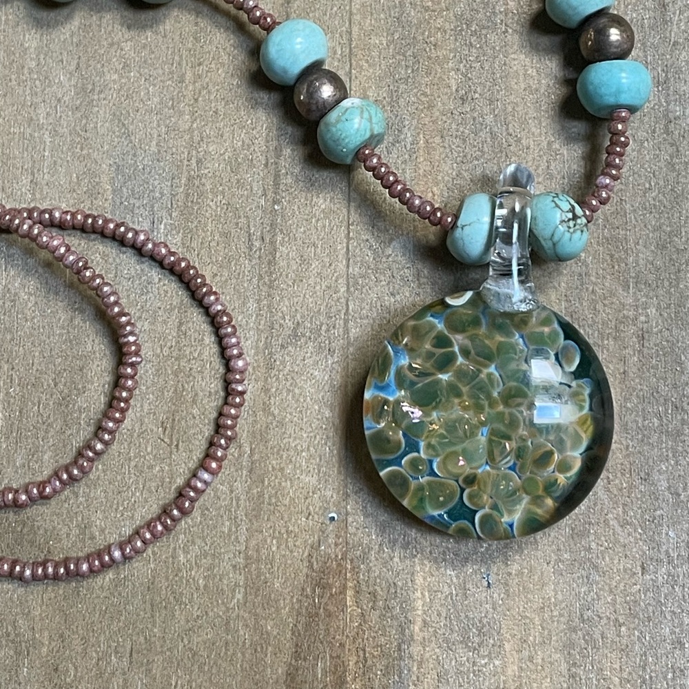 NEW blown glass pendant, turquoise beads